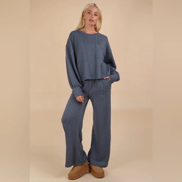New In Pants - Women's New In Blue Cable Knit Pants with Pockets and Elastic Waist